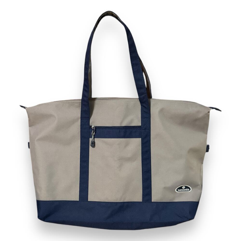 Samsonite Shoulder Tote Boat Bag Tan Blue Zip Closure Travel Pool Gym 16 x 23